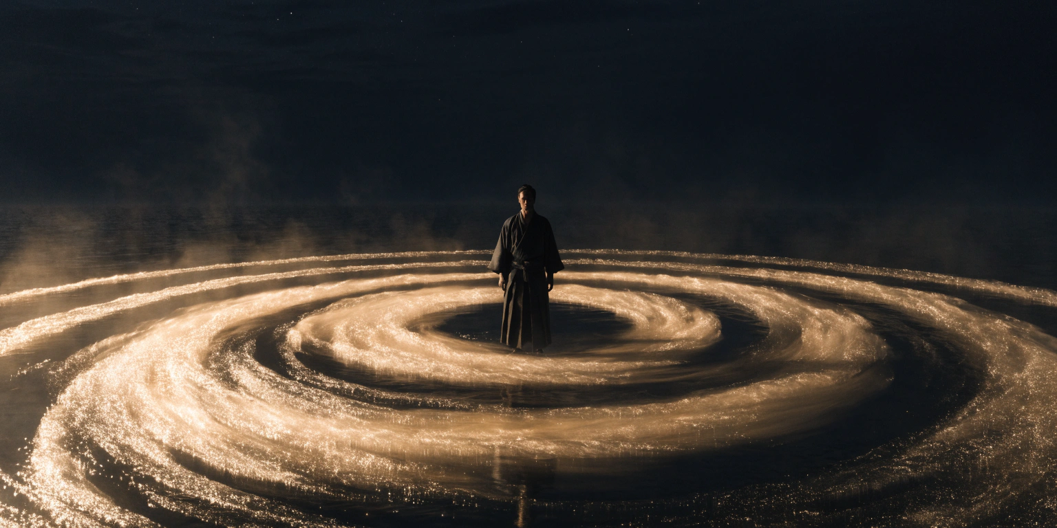 A ronin at the center of a golden circular current in dark water - representing the feedback loop transforming execution into growth