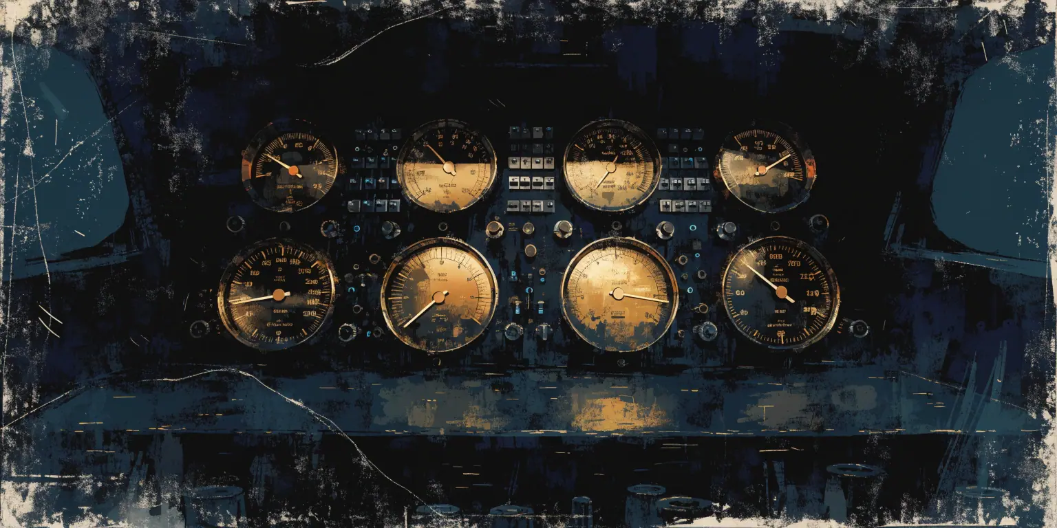 A ronin adjusting golden dials and gauges on a ship's control panel - representing feedback systems in business visibility