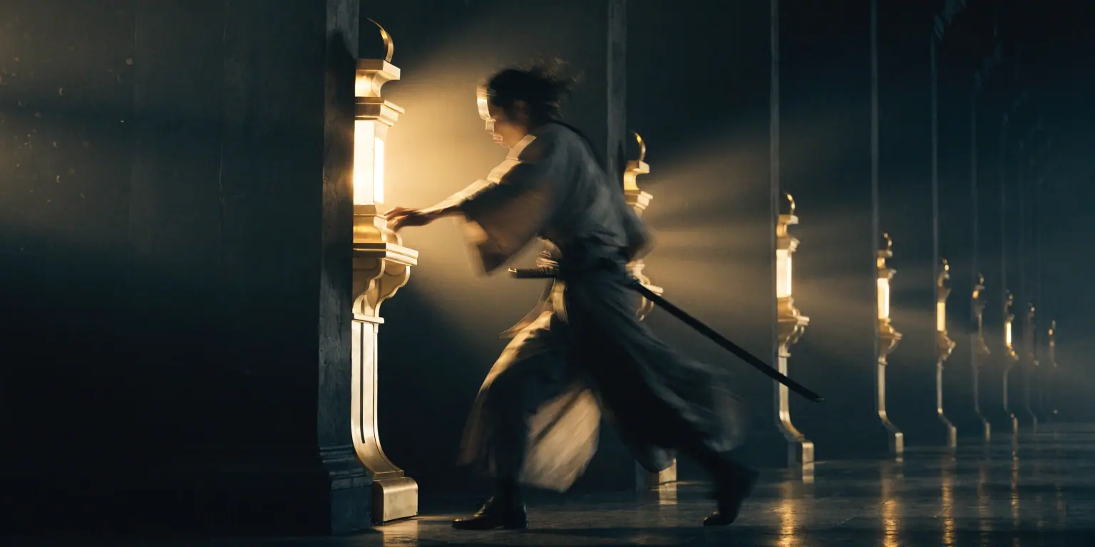 A ronin single-handedly managing golden service stations in a dark hall - representing delivering excellent customer experience solo