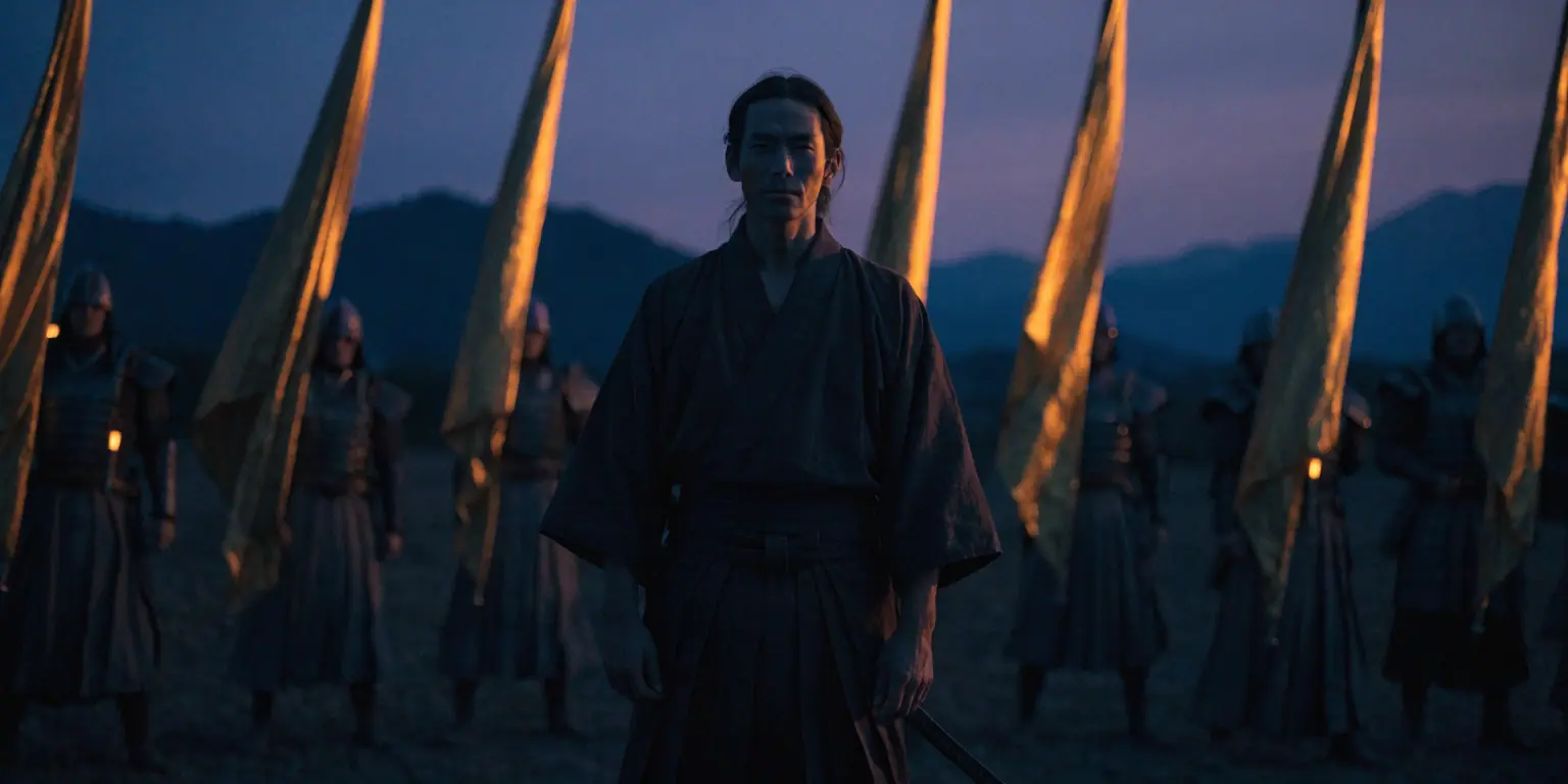 A ronin standing with allies bearing golden banners behind him - representing the transformation of customers into advocates