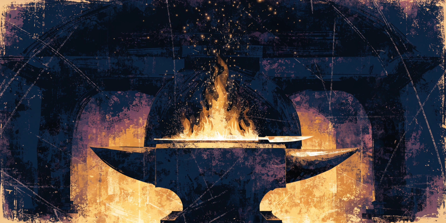 A ronin at a forge hammering golden metal into a finished blade - representing the conversion of attention into action