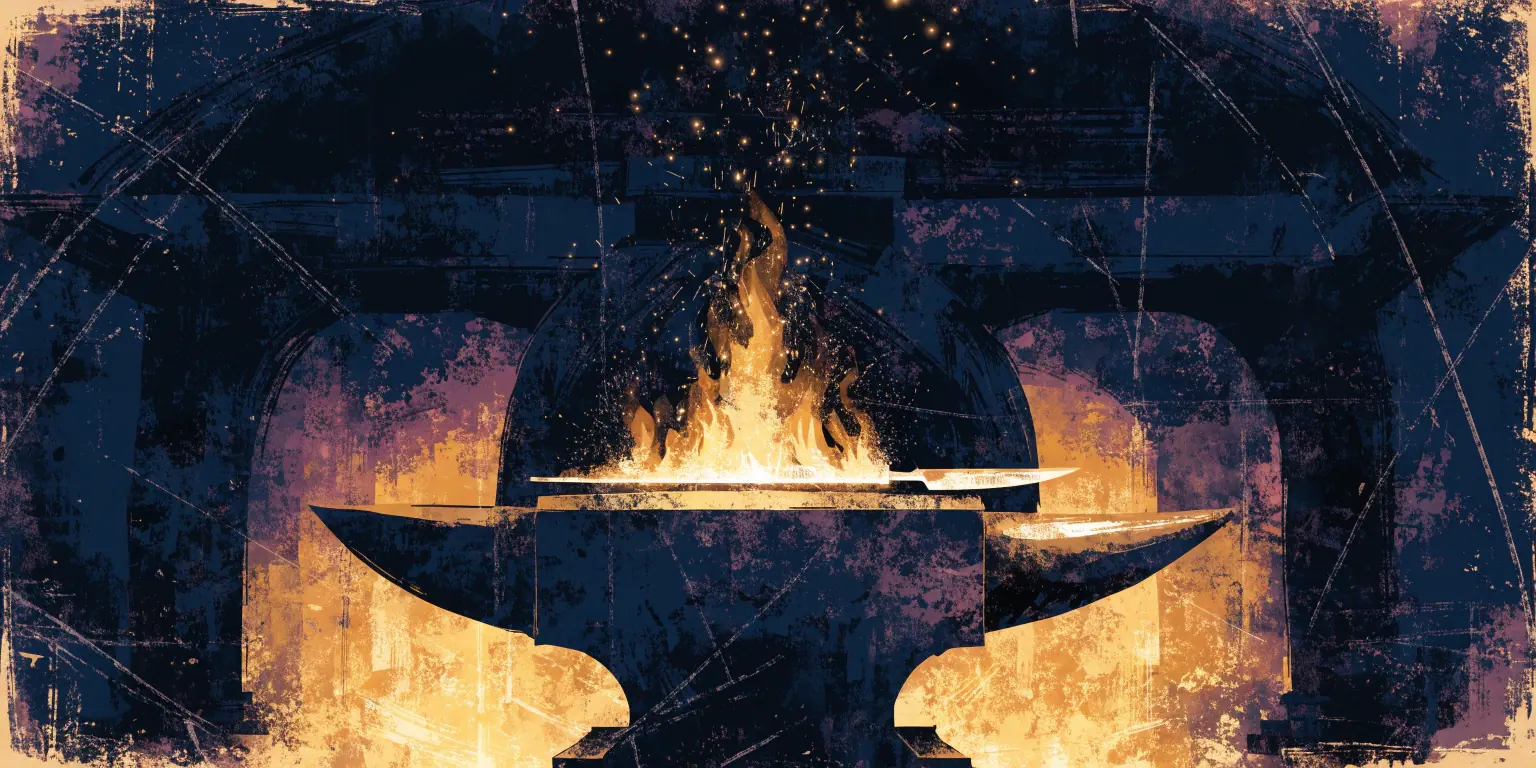 A ronin at a forge hammering golden metal into a finished blade - representing the conversion of attention into action