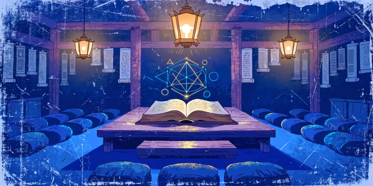 A ronin teaching in a lantern-lit dojo with students seated in golden light - representing the founder engine of education