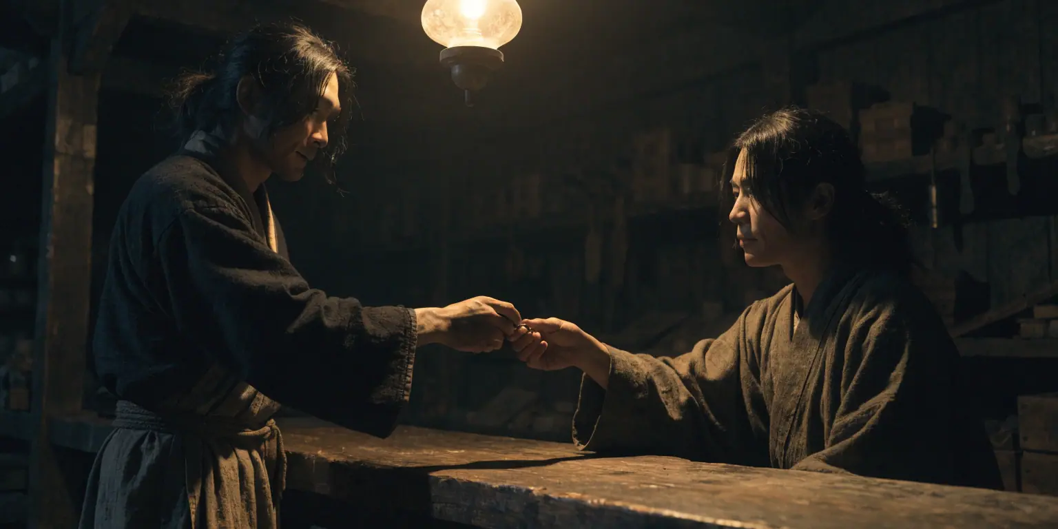 A ronin in a trading post exchanging something with a golden-lit figure across a counter - representing customer interaction touchpoints