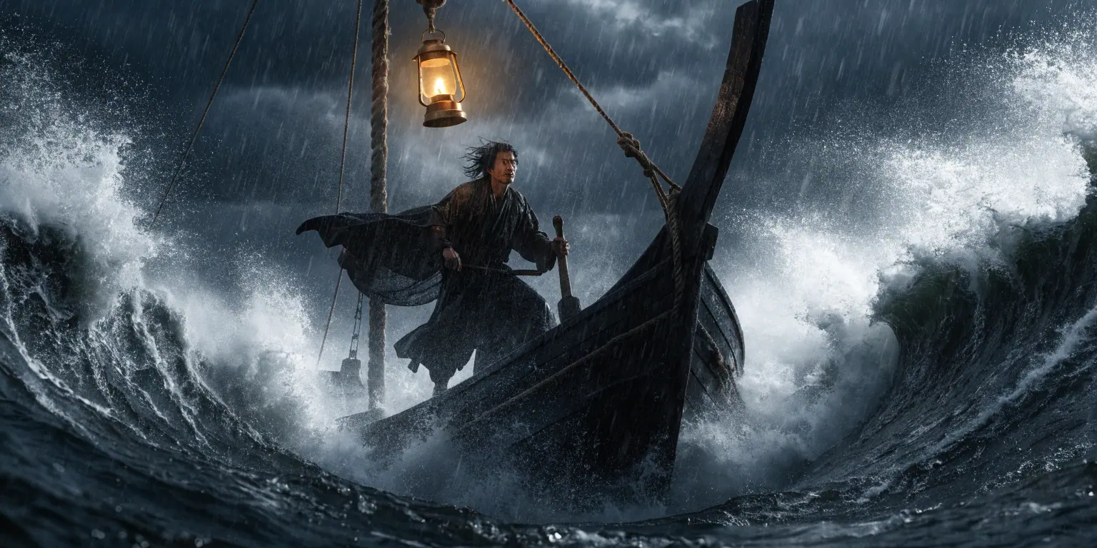 A ronin at the helm of a ship cutting through massive waves at full speed with golden lantern light - representing the founder engine of momentum