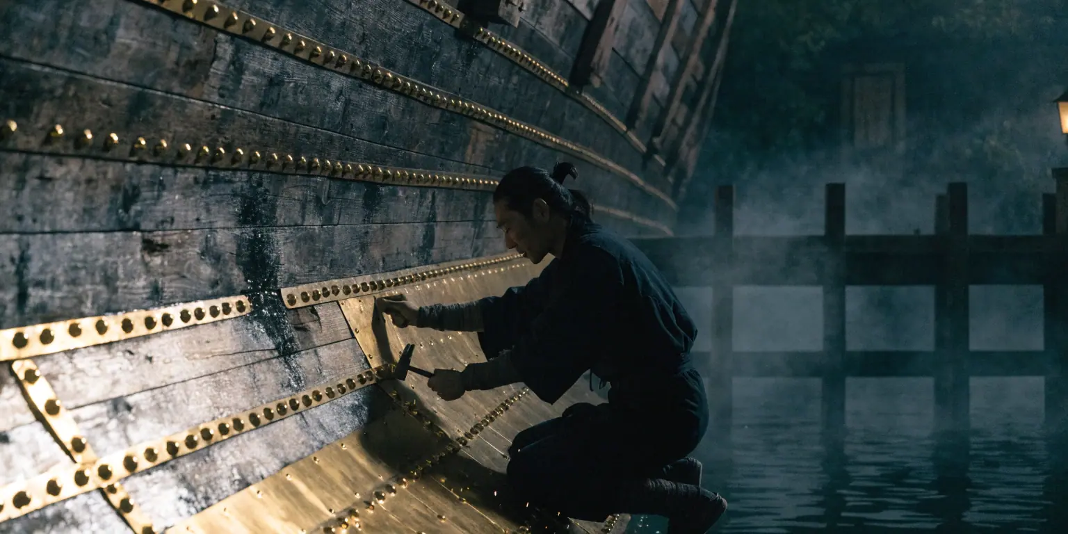A ronin reinforcing a ship's hull with golden rivets and plates - representing the founder engine of retention