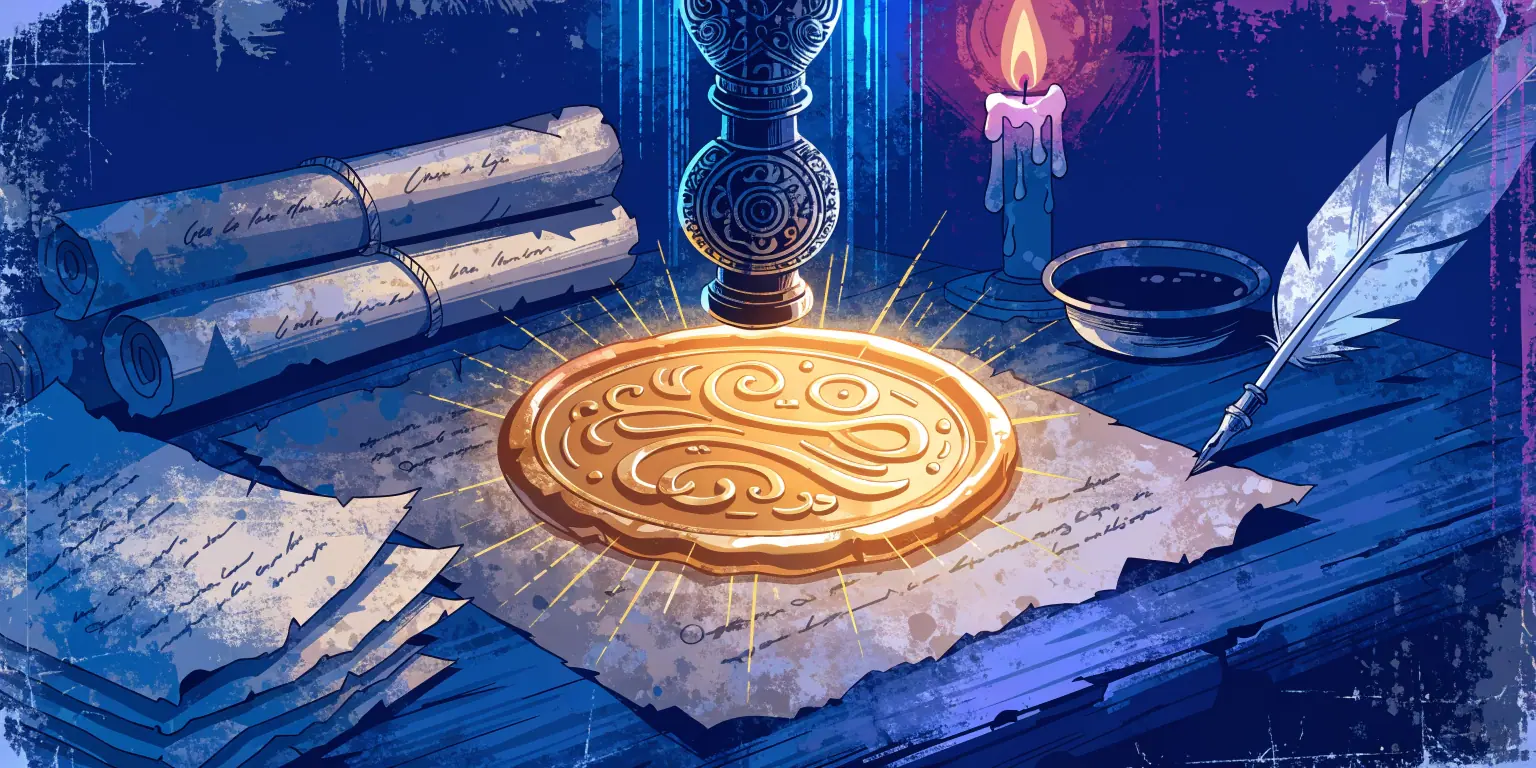 A ronin placing a golden seal on a completed document in a candlelit room - representing the founder engine of trust