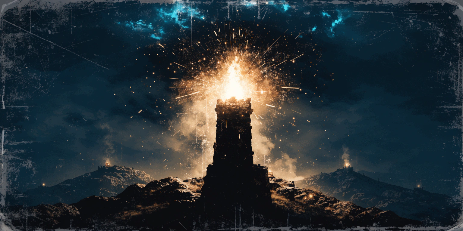 A ronin lighting a golden signal beacon on a dark tower - representing the founder engine of visibility