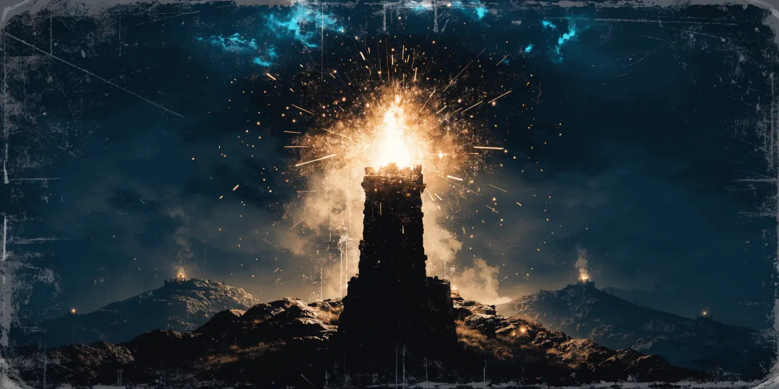 A ronin lighting a golden signal beacon on a dark tower - representing the founder engine of visibility