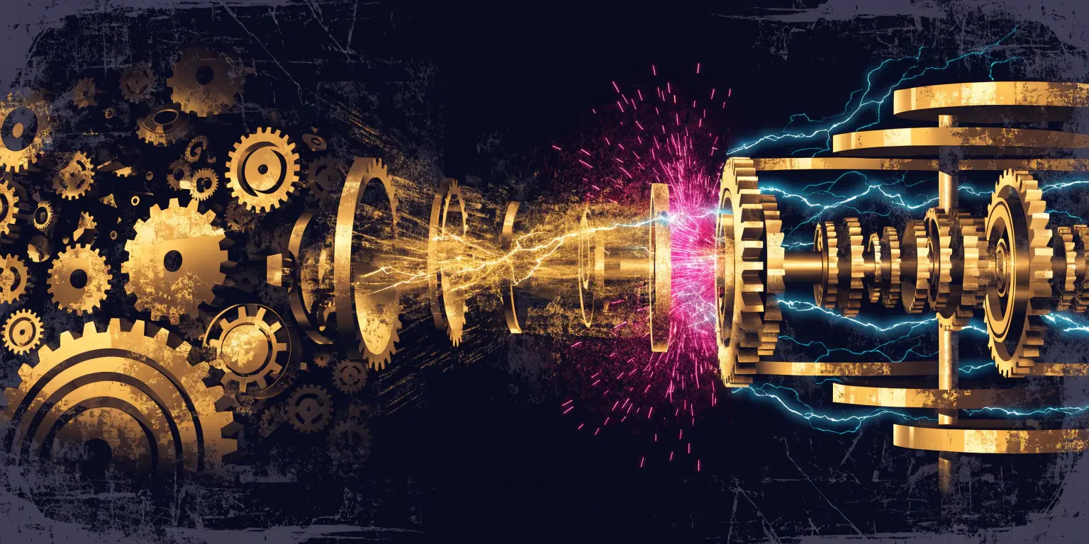 A ronin standing among massive interconnected golden-lit engine components in a dark engine room - representing the founder engines powering business growth