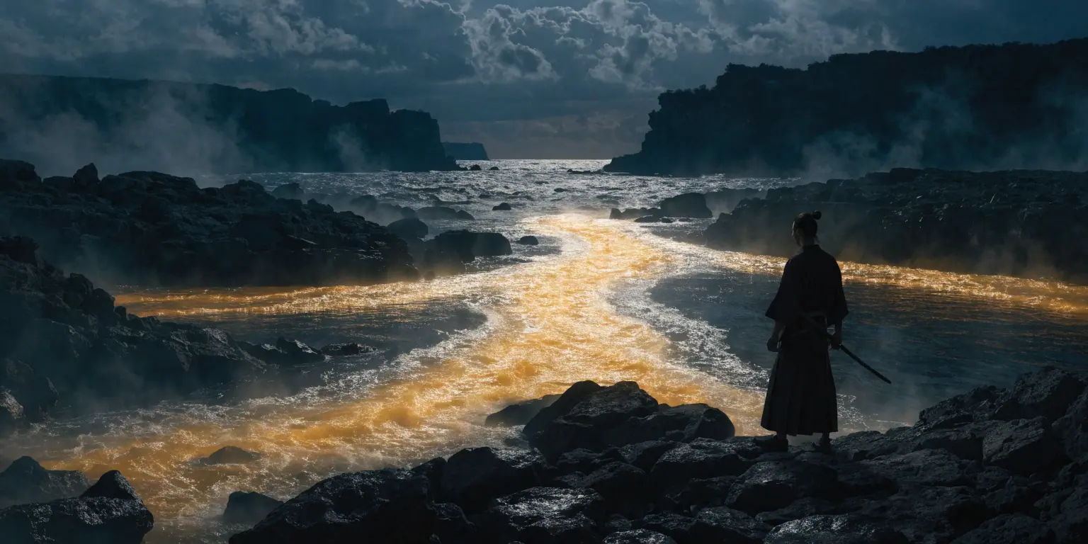 A ronin at a harbor where four golden-lit channels of water converge into one powerful current - representing four types of traffic fueling growth