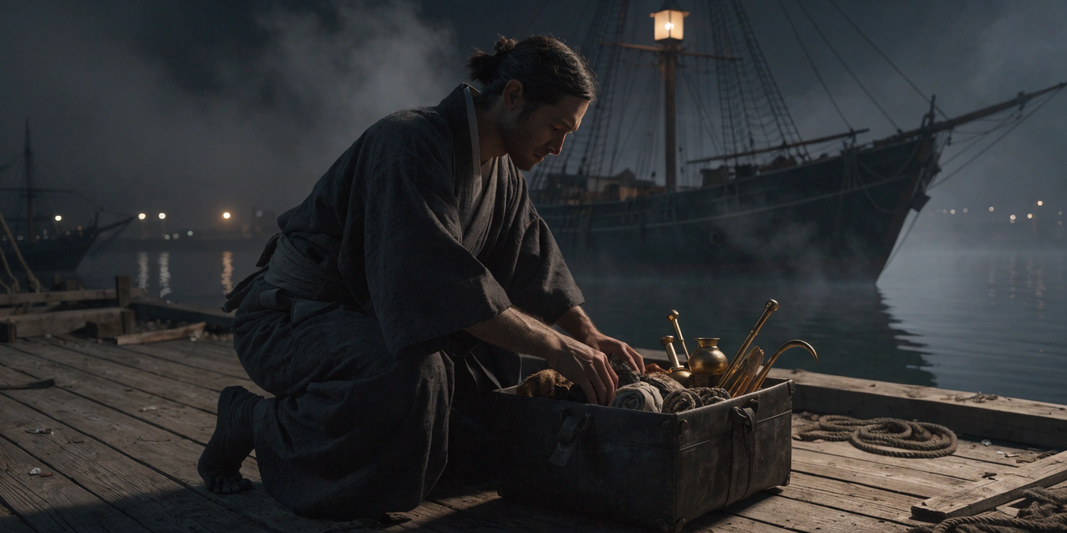 A ronin packing supplies and golden tools for a sea voyage in a dark harbor - representing what it takes to get a business online