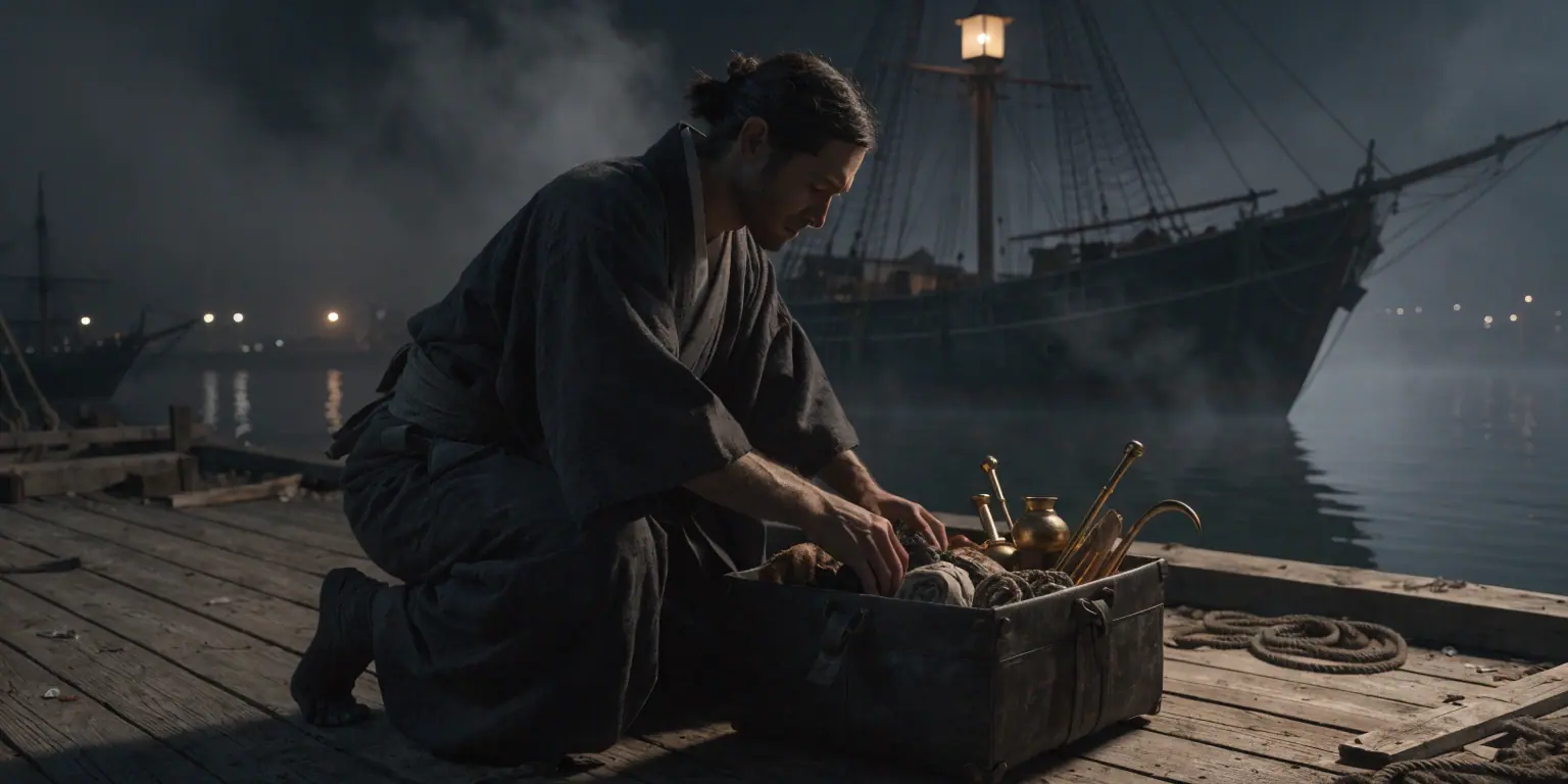 A ronin packing supplies and golden tools for a sea voyage in a dark harbor - representing what it takes to get a business online