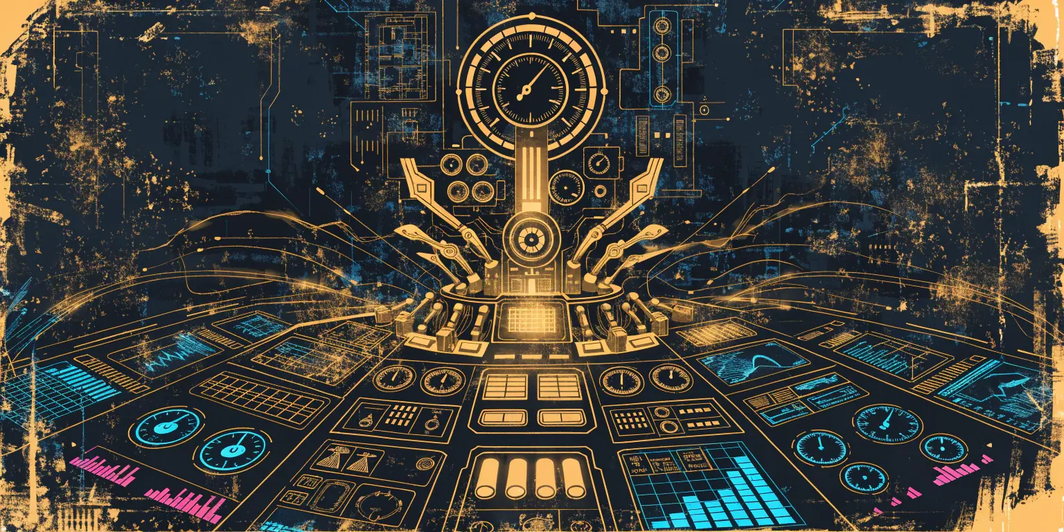 A ronin activating a golden mechanical command console with levers and gauges - representing leveraging tools for scalable growth