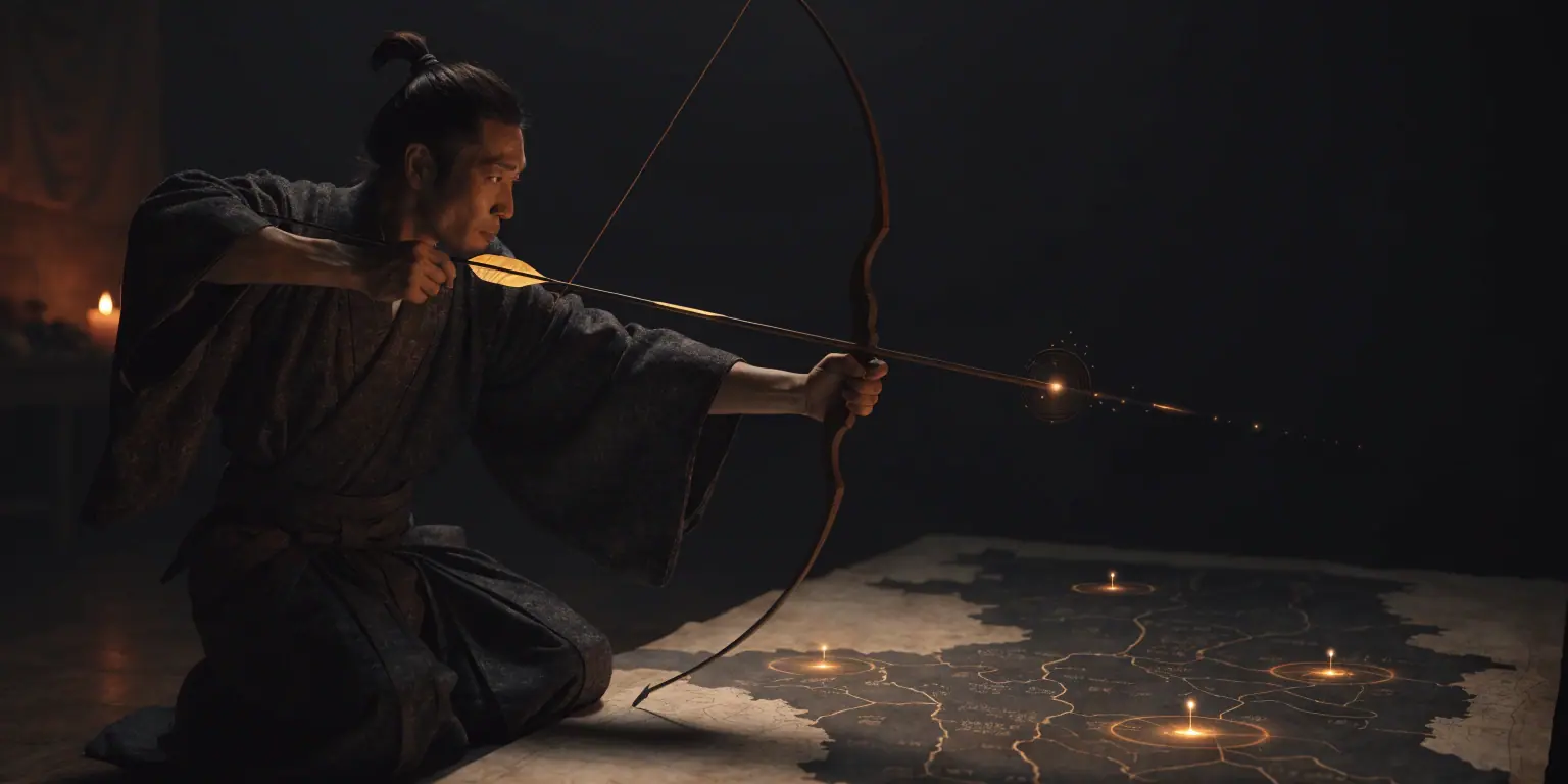 A ronin aiming golden arrows at marked targets on a dark territorial map - representing targeted Google Ads campaigns