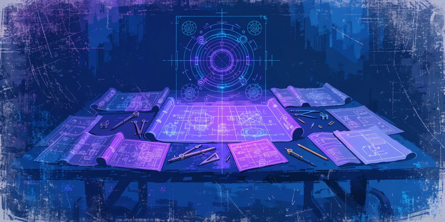 A ronin studying a massive glowing blueprint map on a cliff overlook - representing the core concepts of a growth engineering framework