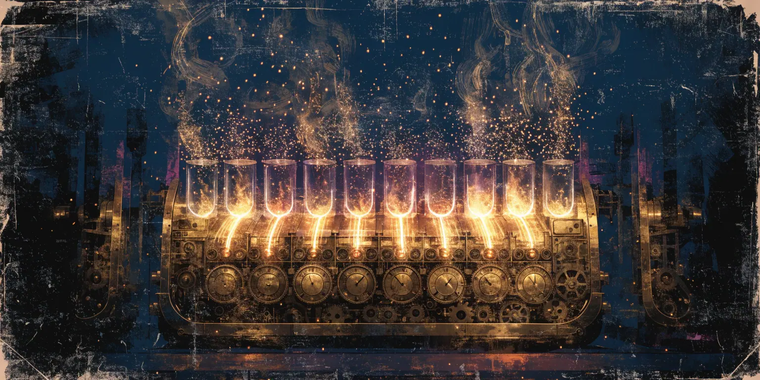 A great golden engine igniting with controlled fire in ordered glass chambers - growth as engineered combustion