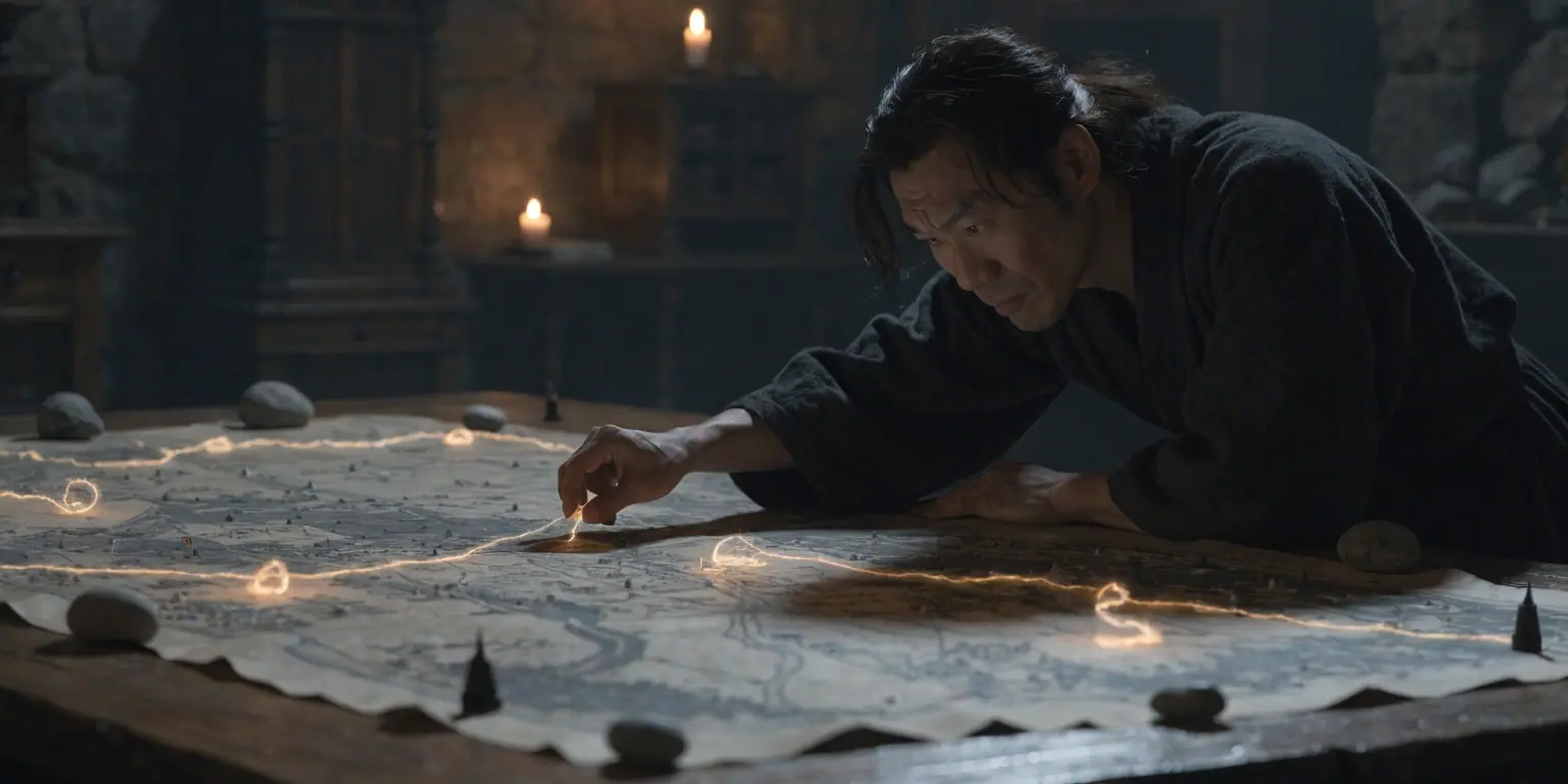 A ronin studying golden data threads connecting across a dark war room map - representing the role of context and insights in growth