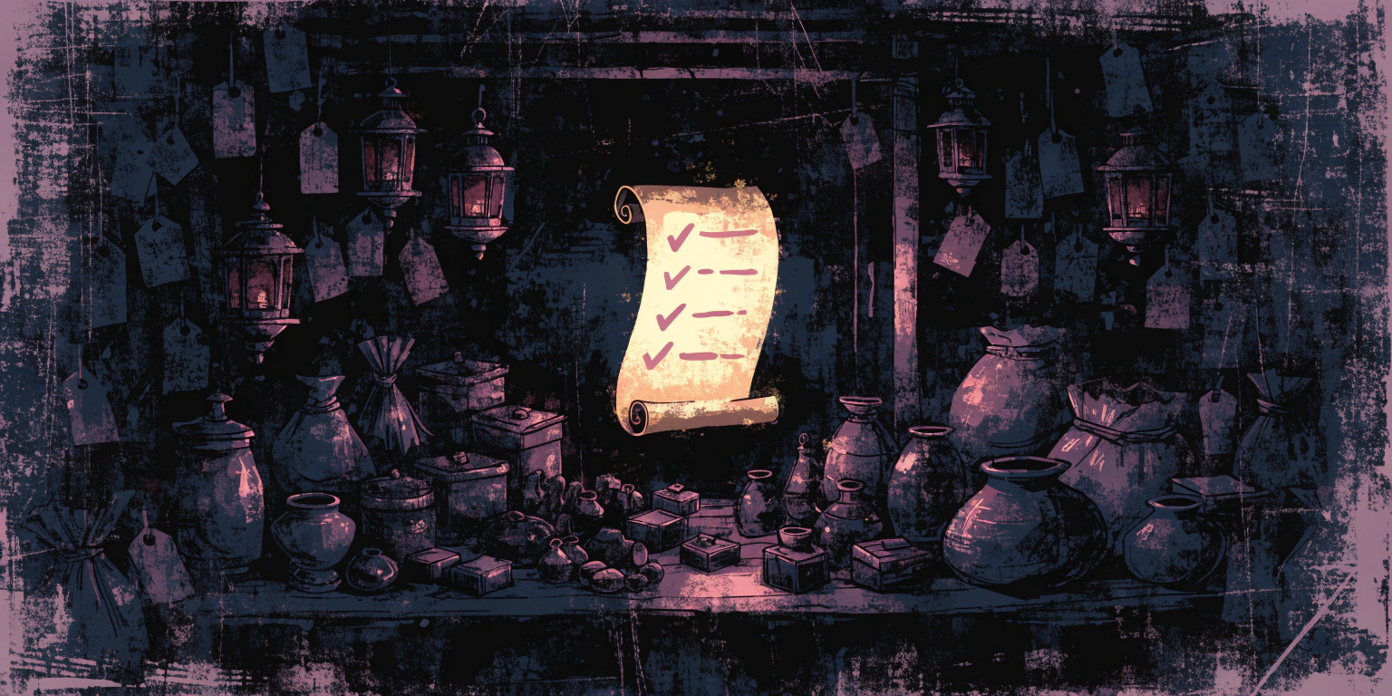 A dark market stall of wares under lantern light with a glowing golden checklist scroll mounted at its center - the five-question vendor exam