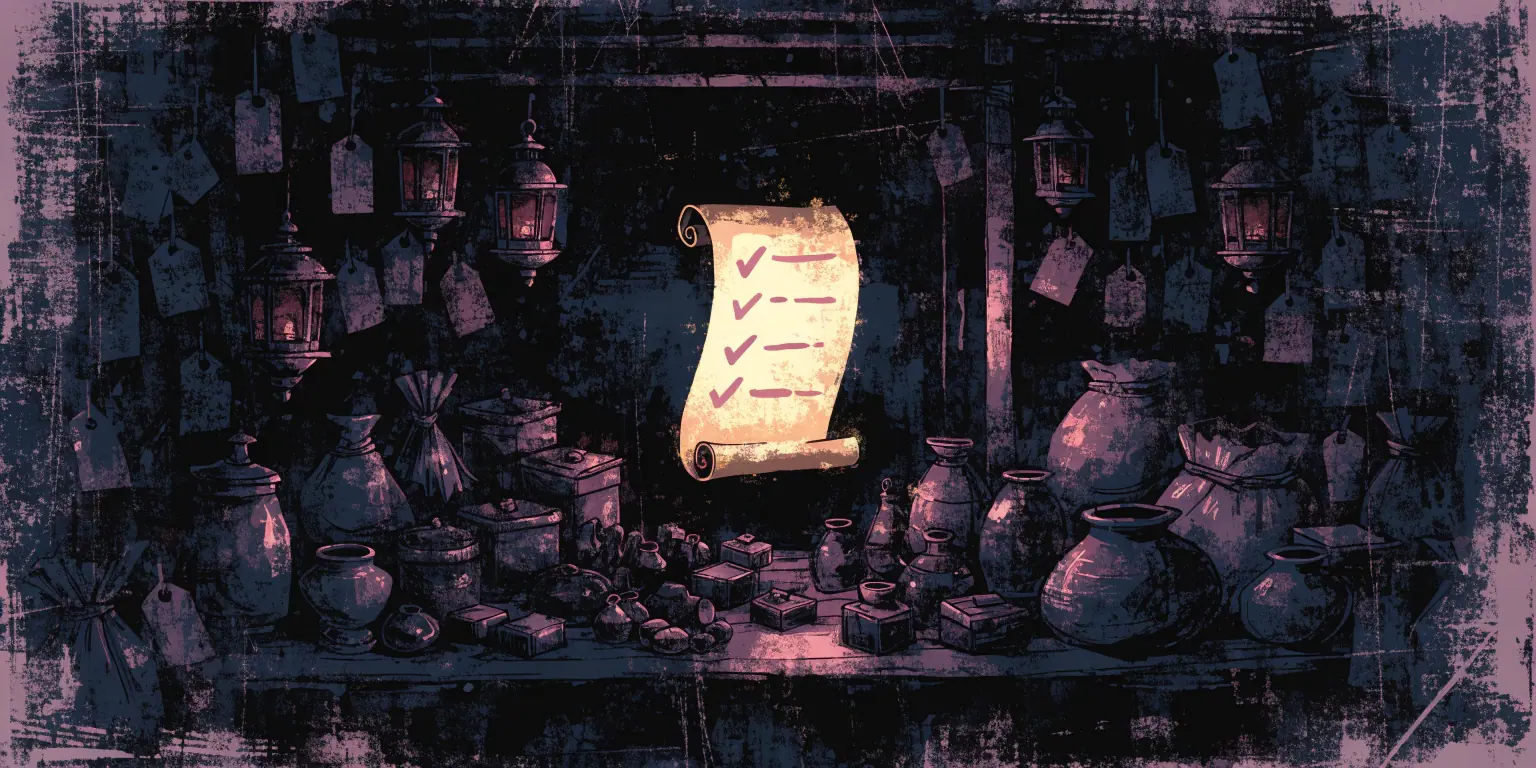 A dark market stall of wares under lantern light with a glowing golden checklist scroll mounted at its center - the five-question vendor exam