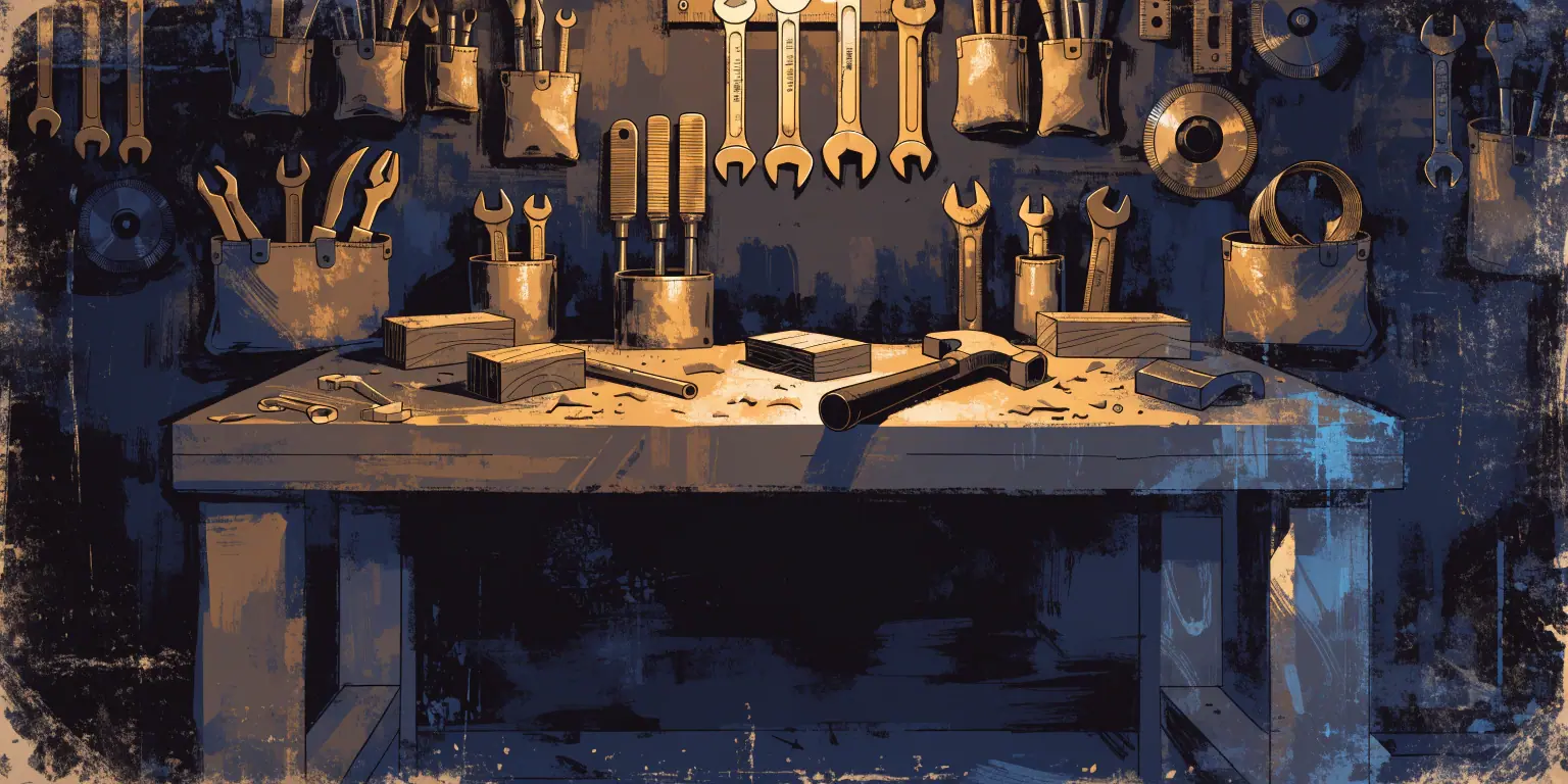 A ronin sharpening golden communication tools at a dark workbench - representing improving social media strategy