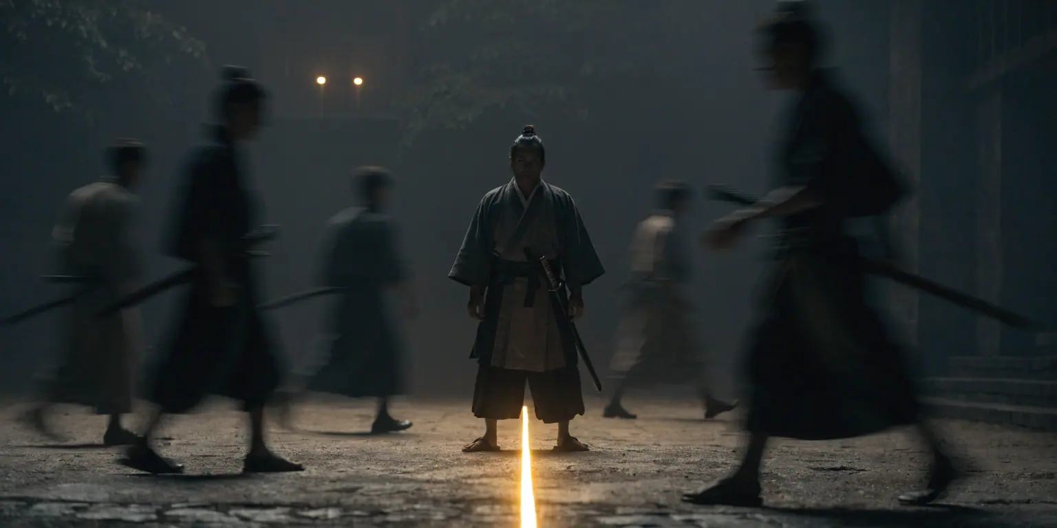 A ronin standing firm on a golden line in the ground while dark figures step over it around him - representing integrity in marketing