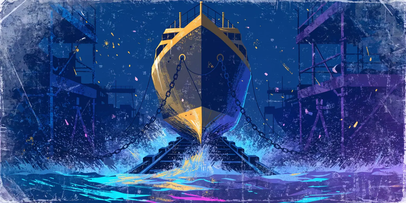 A ronin launching a completed ship from a dark shipyard into golden-lit waters - representing a website launch