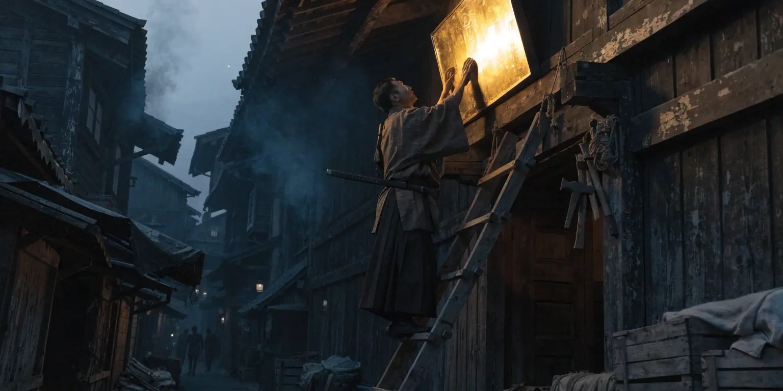 A ronin building a golden signboard for a dark trading post - representing setting up a company LinkedIn page