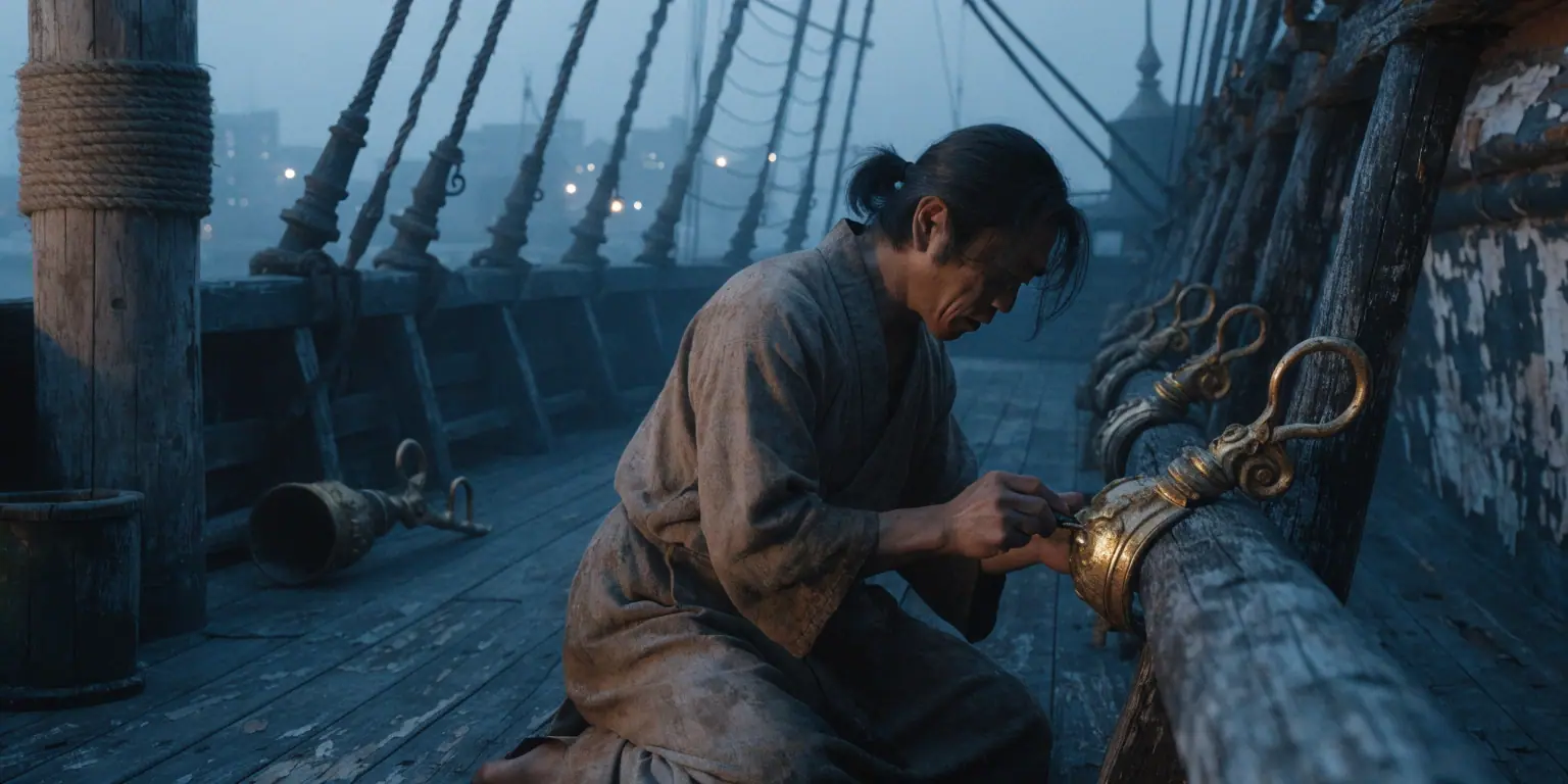 A ronin looking at a golden compass that someone else was holding upside down - representing correcting LinkedIn mistakes
