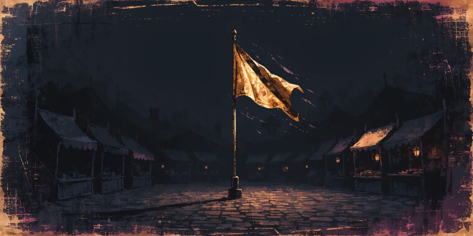 A ronin planting a golden flag on a dark market square - representing a local business establishing its online presence
