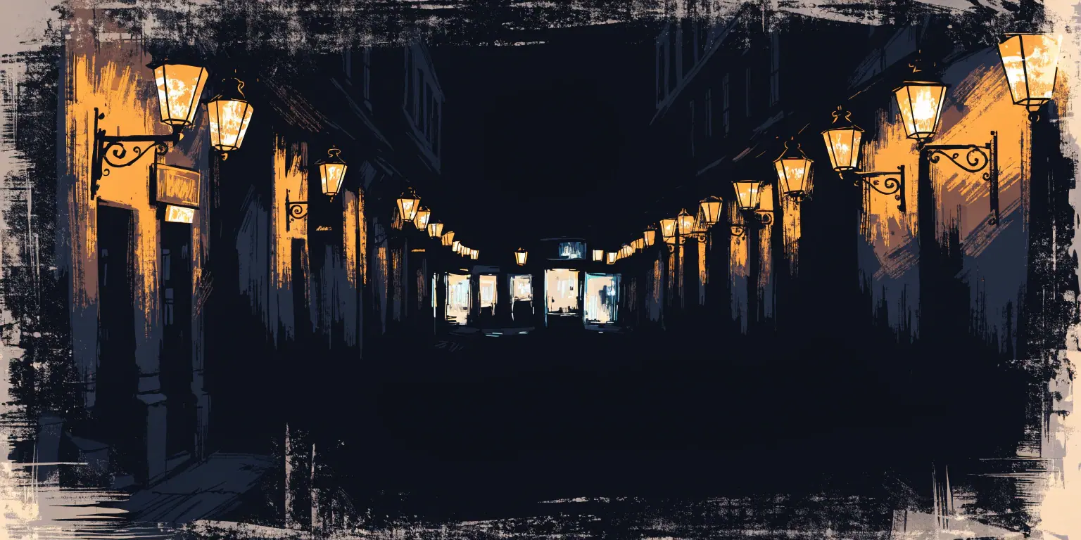 A ronin lighting golden lanterns along a dark street to guide travelers to shops - representing local search optimization