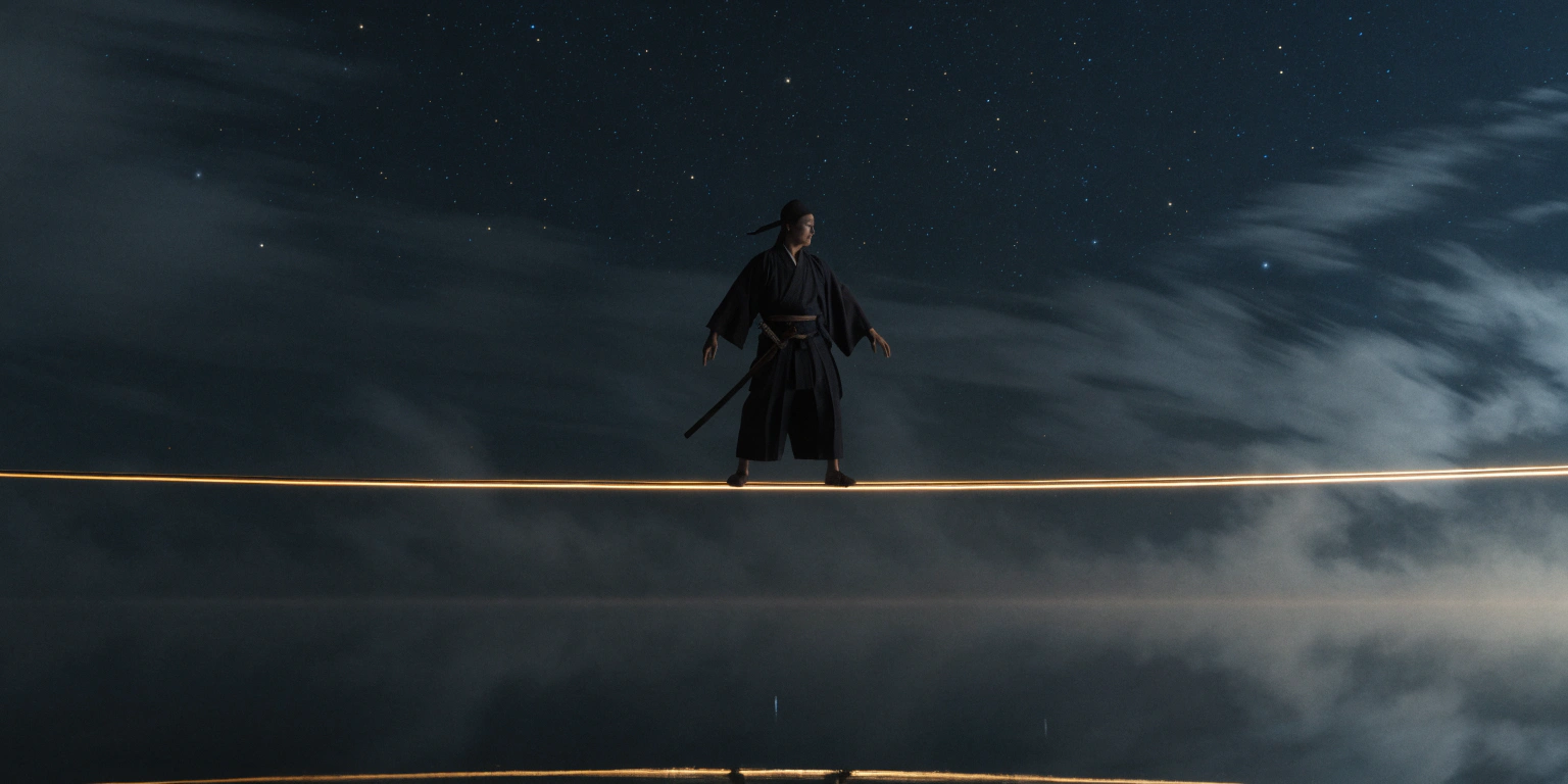 A ronin balancing on a golden beam over dark water with perfect stillness - representing maintaining level and finding flow