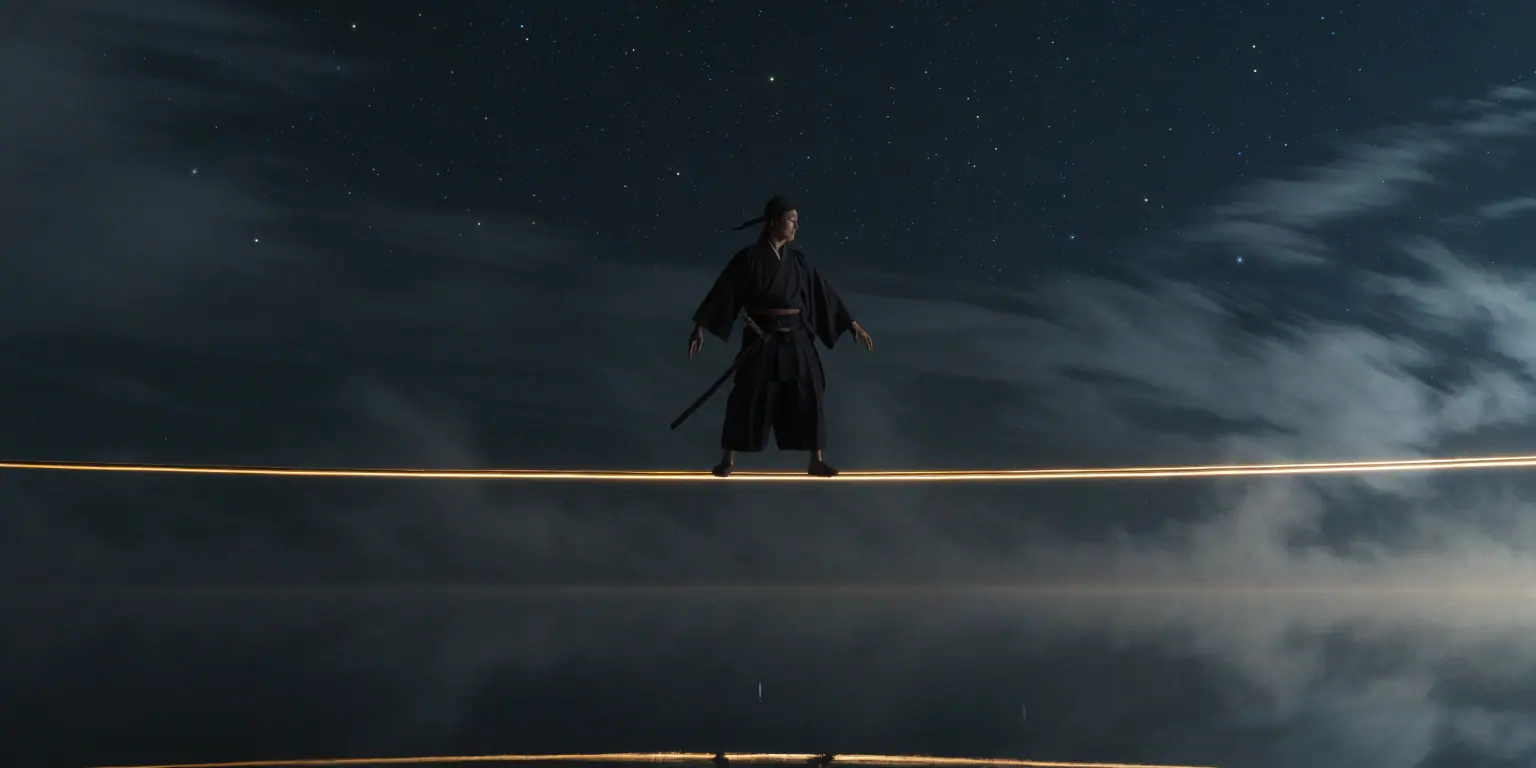 A ronin balancing on a golden beam over dark water with perfect stillness - representing maintaining level and finding flow