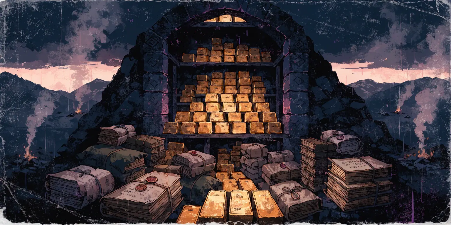 An open stone vault of golden ingots and bound ledgers at dawn while grey smoke drifts away over dark hills - marketing assets kept versus exhaust lost