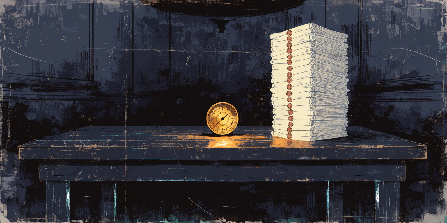A glowing golden gauge instrument on a dark examination table beside a stack of identical pale scrolls stamped with wax seals - an honest diagnostic against templated audits