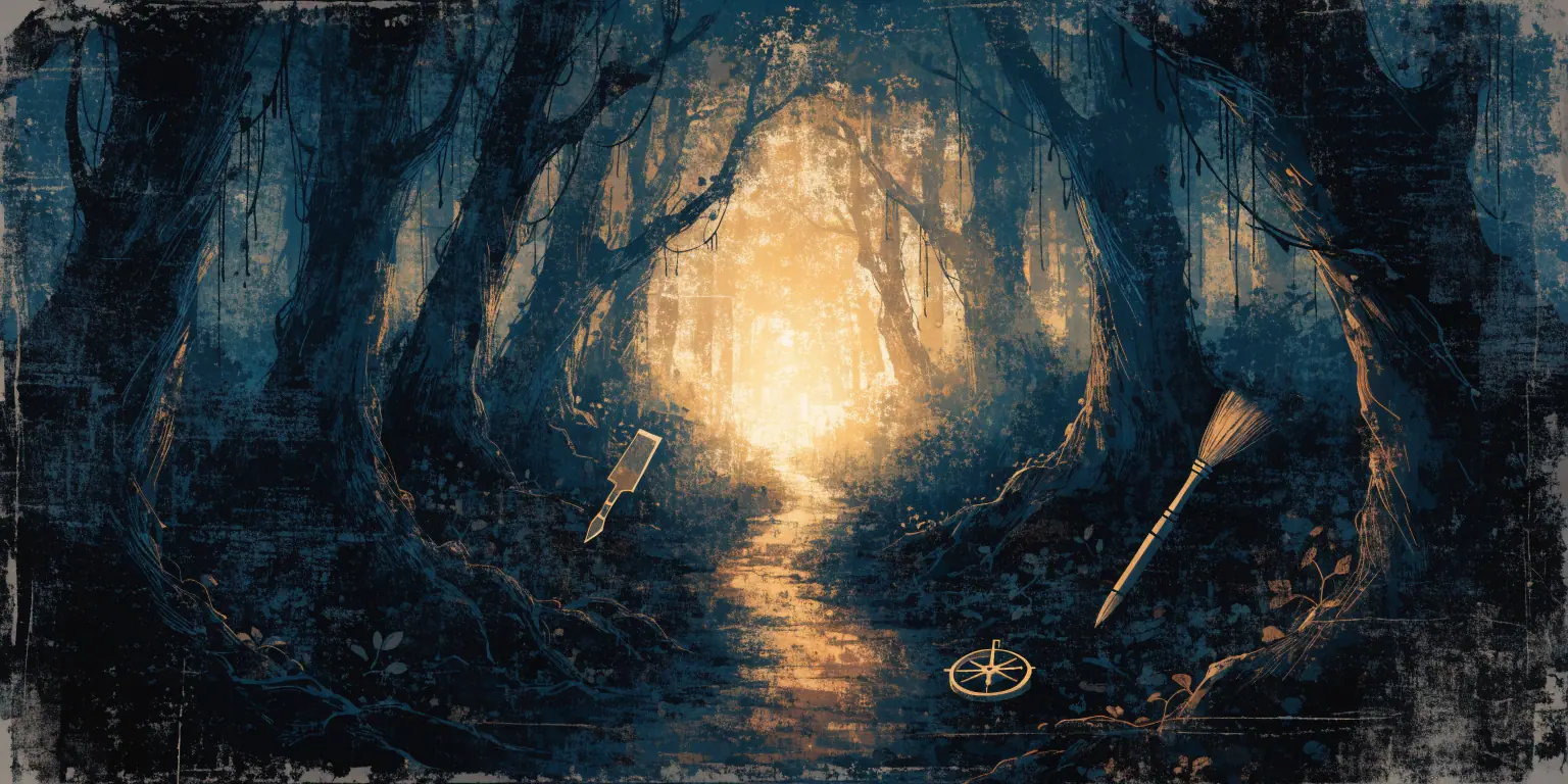 A ronin walking a dark road with primitive tools left behind and golden advanced tools ahead - representing the journey to marketing mastery