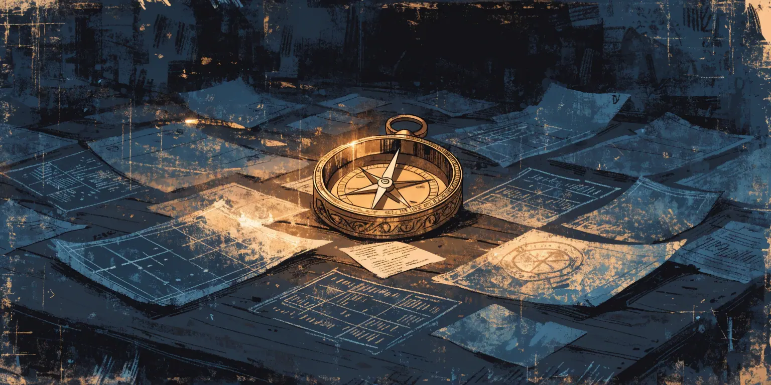 A ronin studying golden measurement instruments laid out on a dark workshop bench - representing marketing metrics that matter