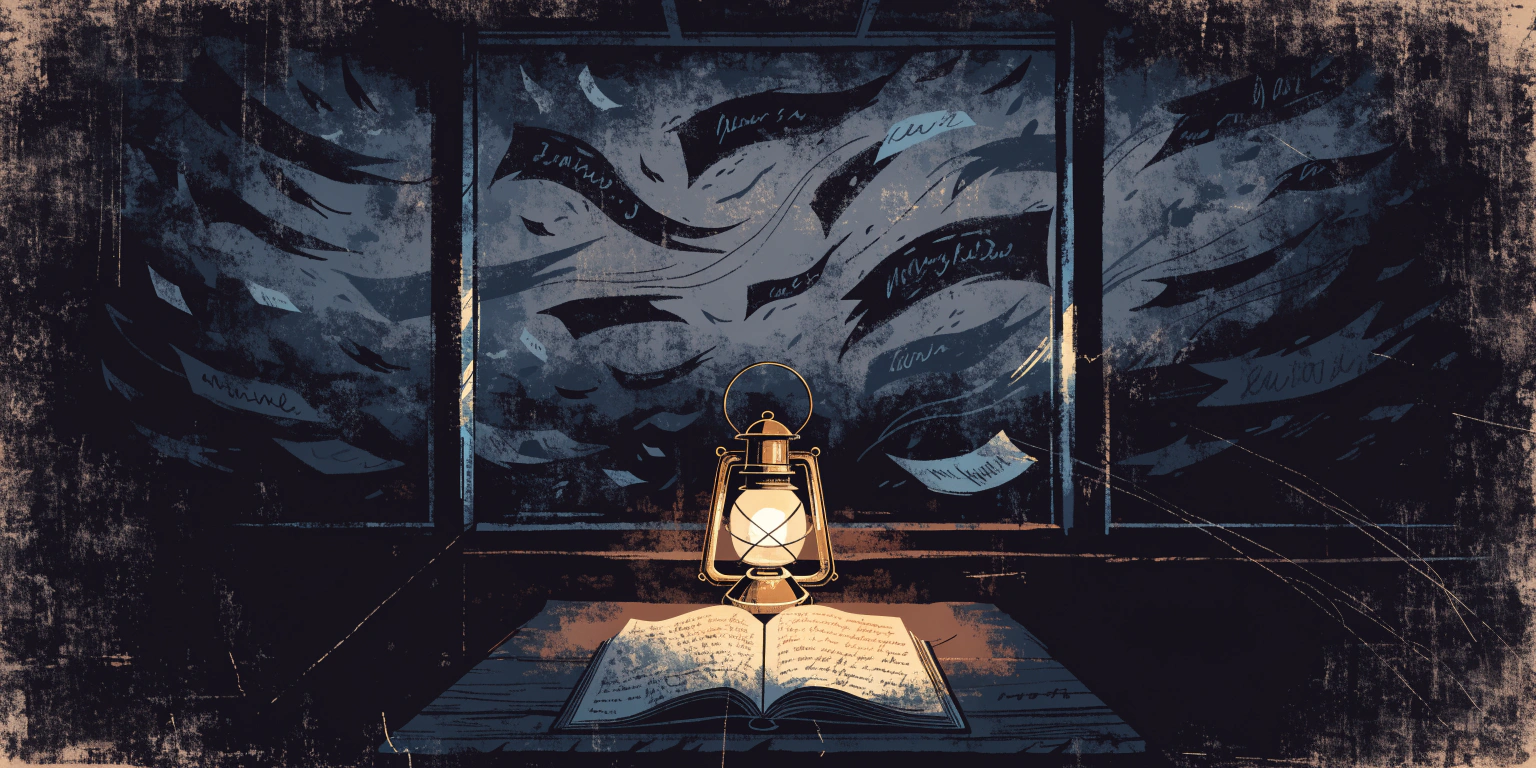 A calm golden lantern lighting an open ledger on a wooden table while tattered dark banners blow away outside the window - marketing that teaches instead of pressures