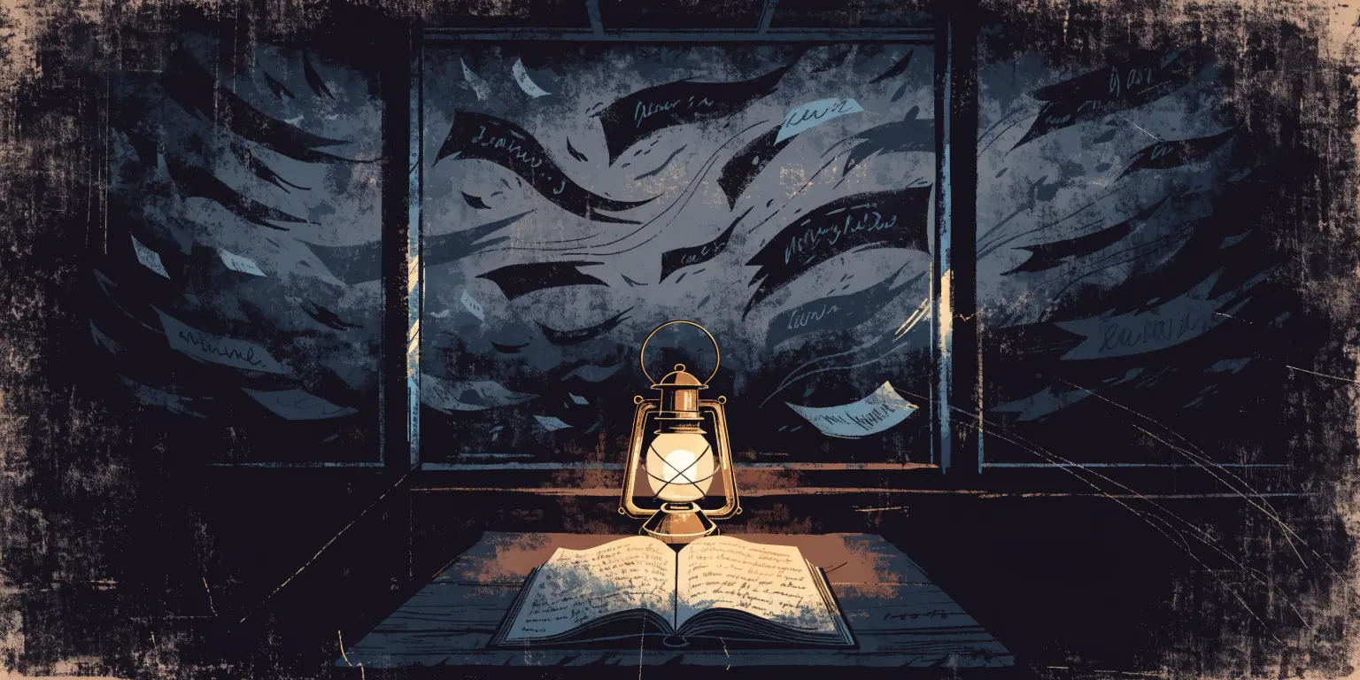 A calm golden lantern lighting an open ledger on a wooden table while tattered dark banners blow away outside the window - marketing that teaches instead of pressures