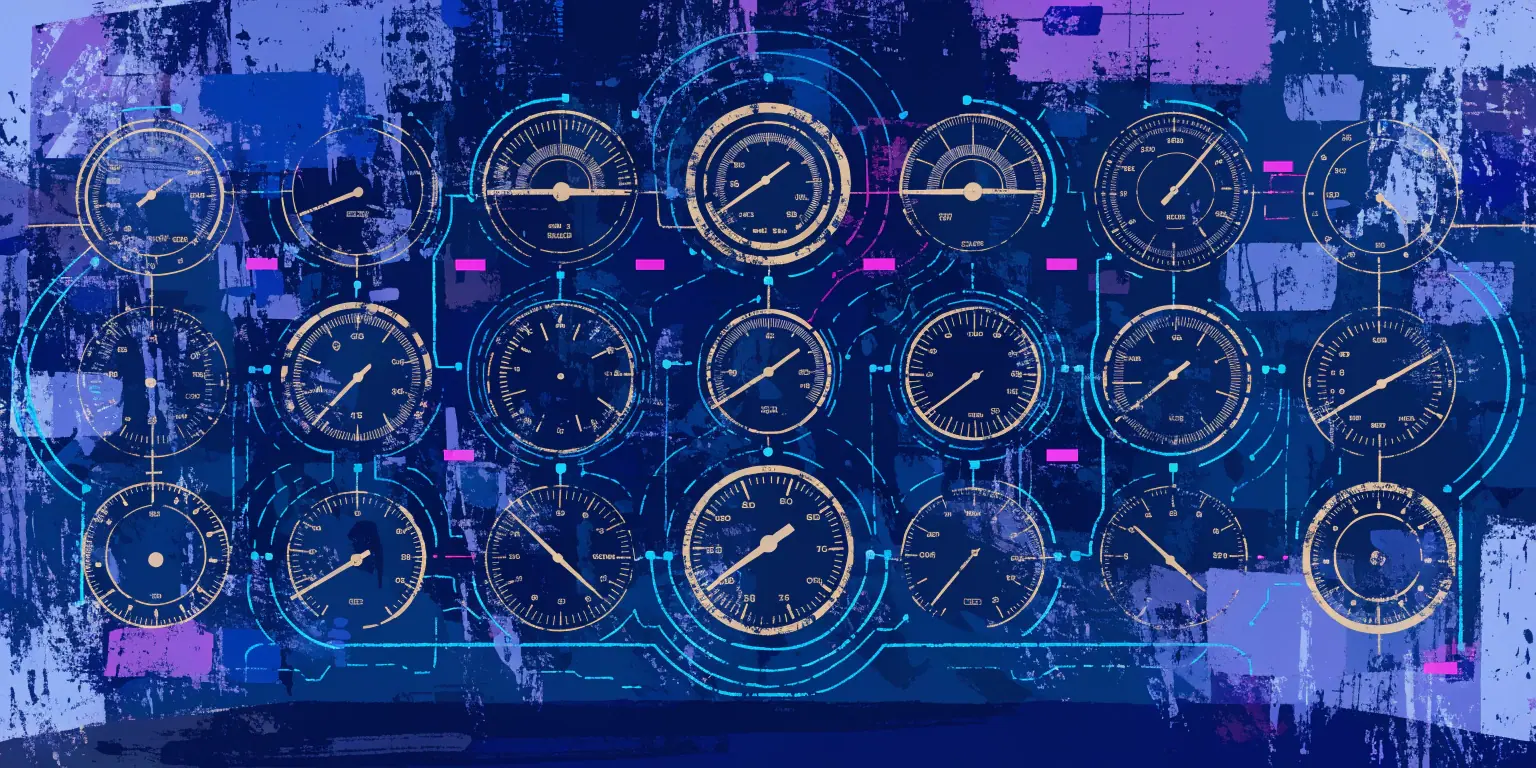 A ronin adjusting golden dials on a complex dark instrument panel - representing maximizing website performance with analytics