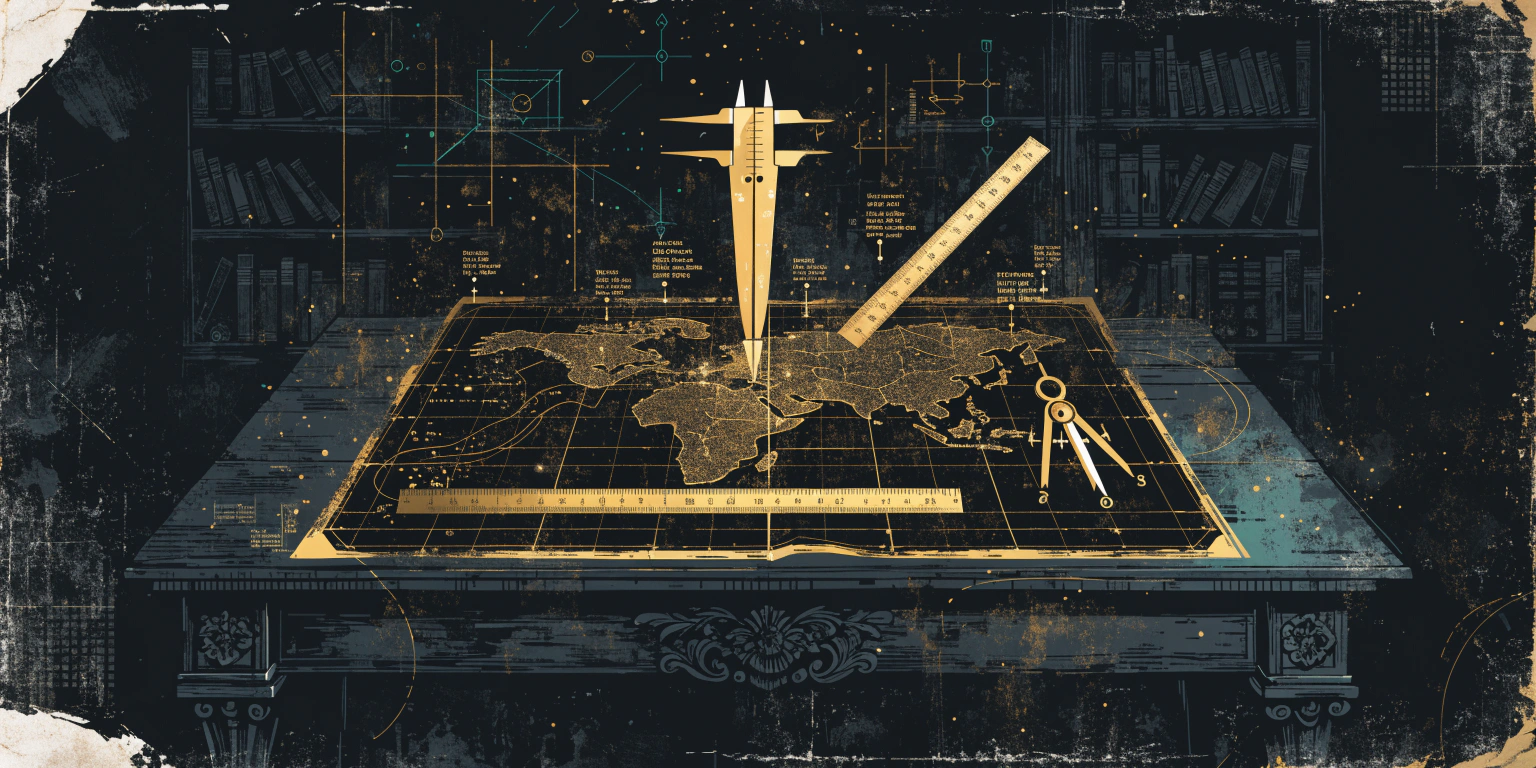 A ronin measuring golden map coordinates for a specific territory in a dark study - representing measuring local digital marketing success