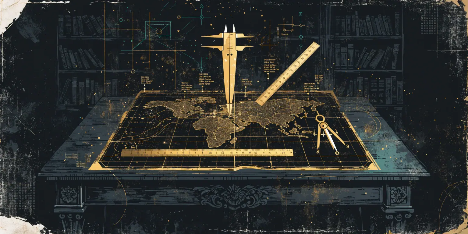 A ronin measuring golden map coordinates for a specific territory in a dark study - representing measuring local digital marketing success