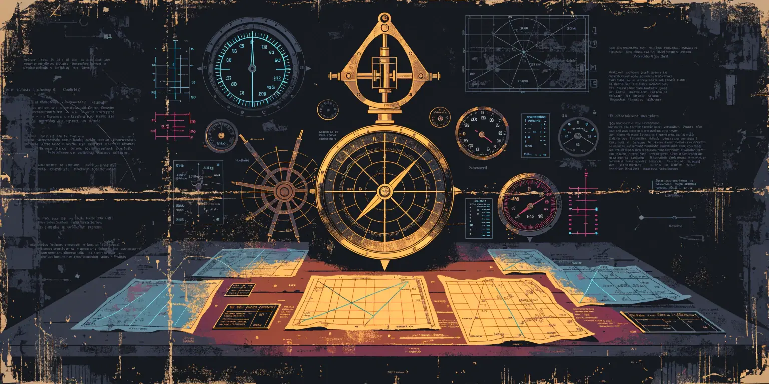 A ronin at a navigation desk with golden instruments measuring course and speed - representing tracking metrics with strategic purpose