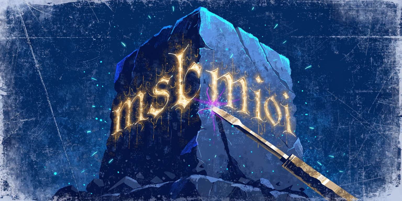 A ronin carving a golden name into a stone marker on a dark road - representing the act of naming a business