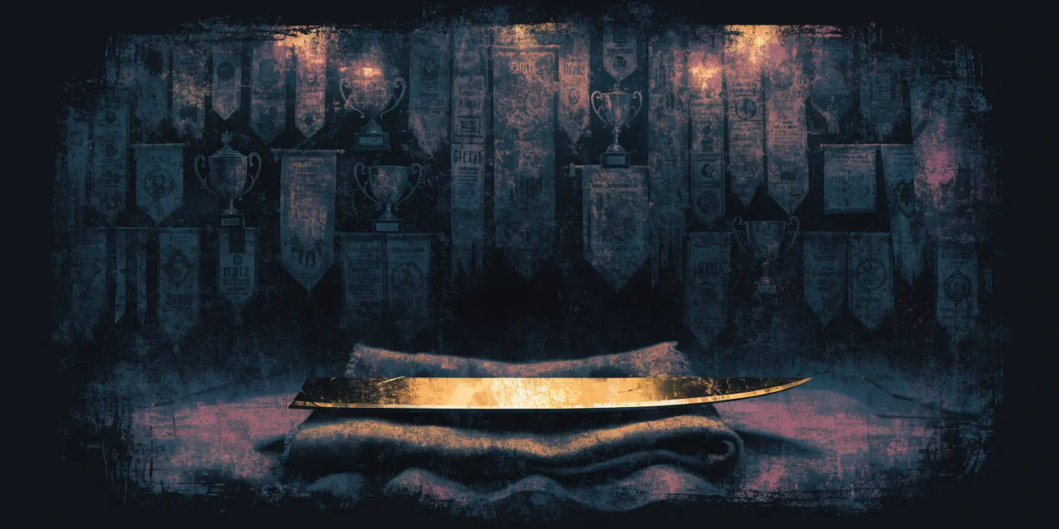 A ronin looking at a wall of faded dark banners while polishing one golden blade - representing relevance over tenure