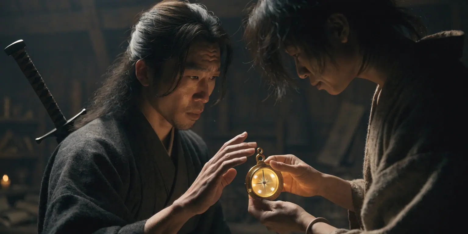 A ronin restoring golden fixtures on a weathered dark ship - representing reviving old social media accounts