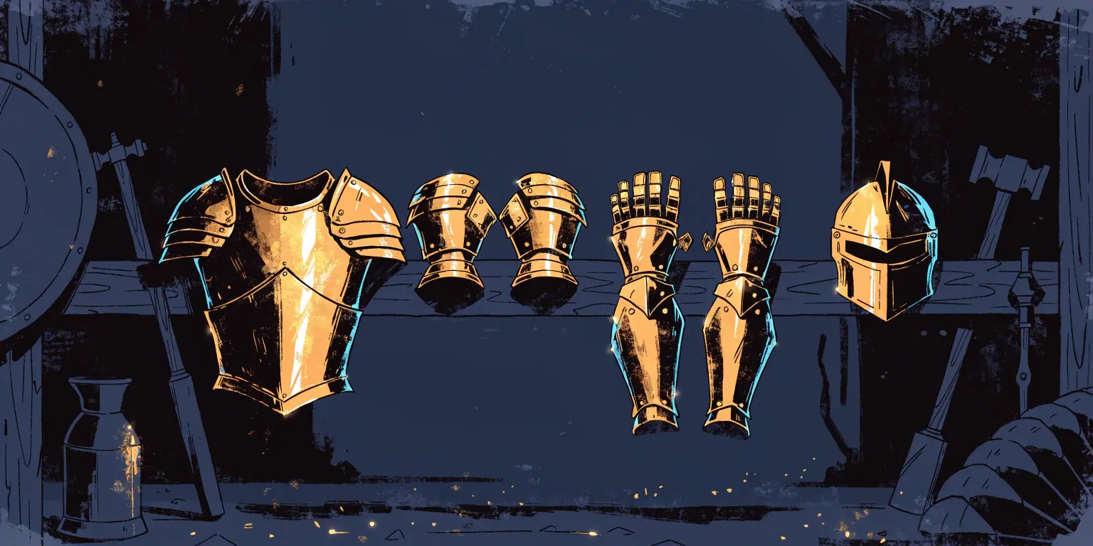 A ronin arranging golden armor pieces in precise order on a dark rack - representing optimizing a social media profile