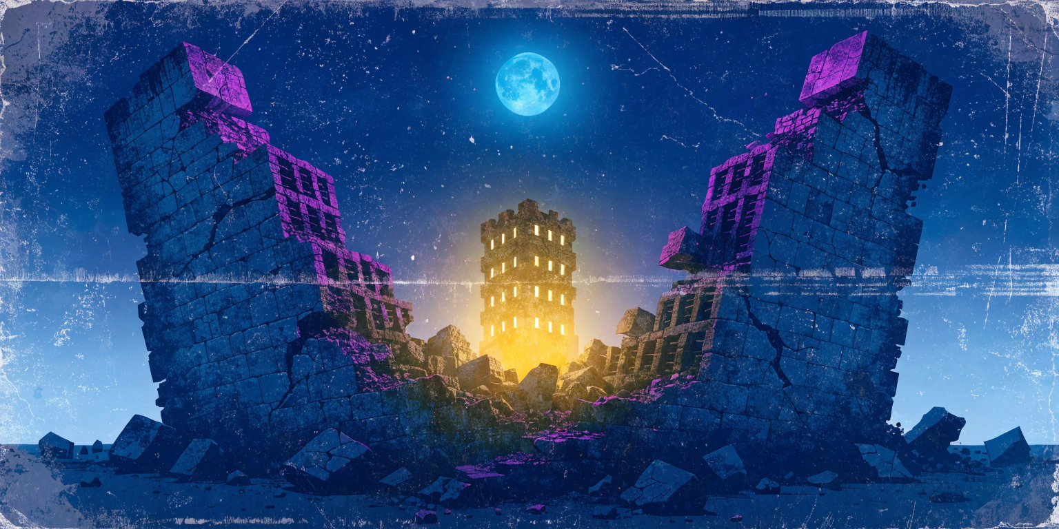 outdated-website-costing-business-lost-opportunity A ronin standing before a crumbling fortress with golden light leaking through the cracks - representing an outdated website losing business