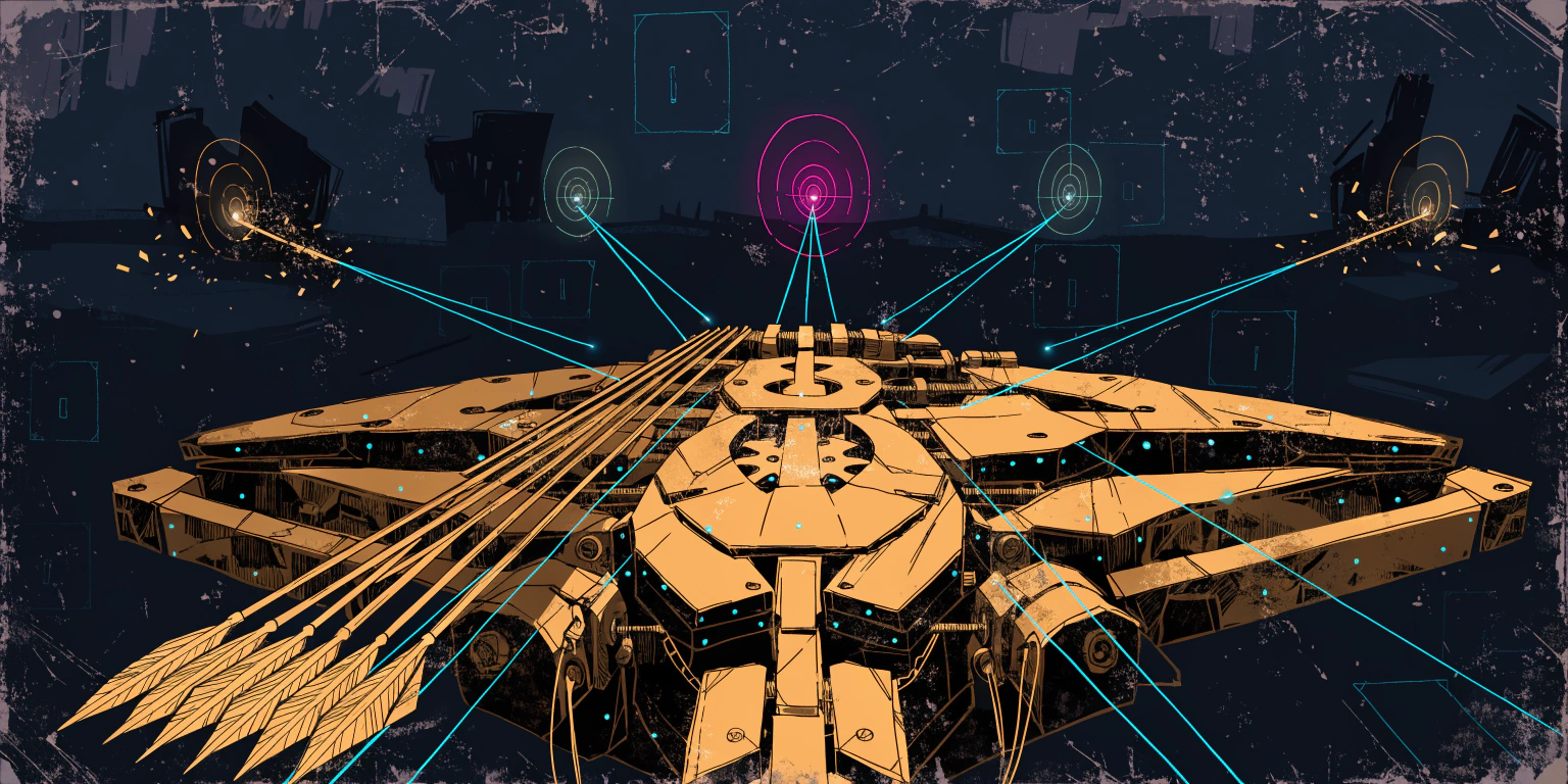 paid-advertising-effective-campaigns-driving-results A ronin loading golden arrows into a mechanical siege weapon aimed at specific targets - representing targeted paid advertising