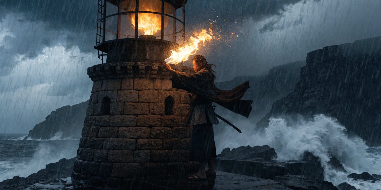 A ronin maintaining a golden lighthouse flame through a storm - representing consistency driving predictable growth